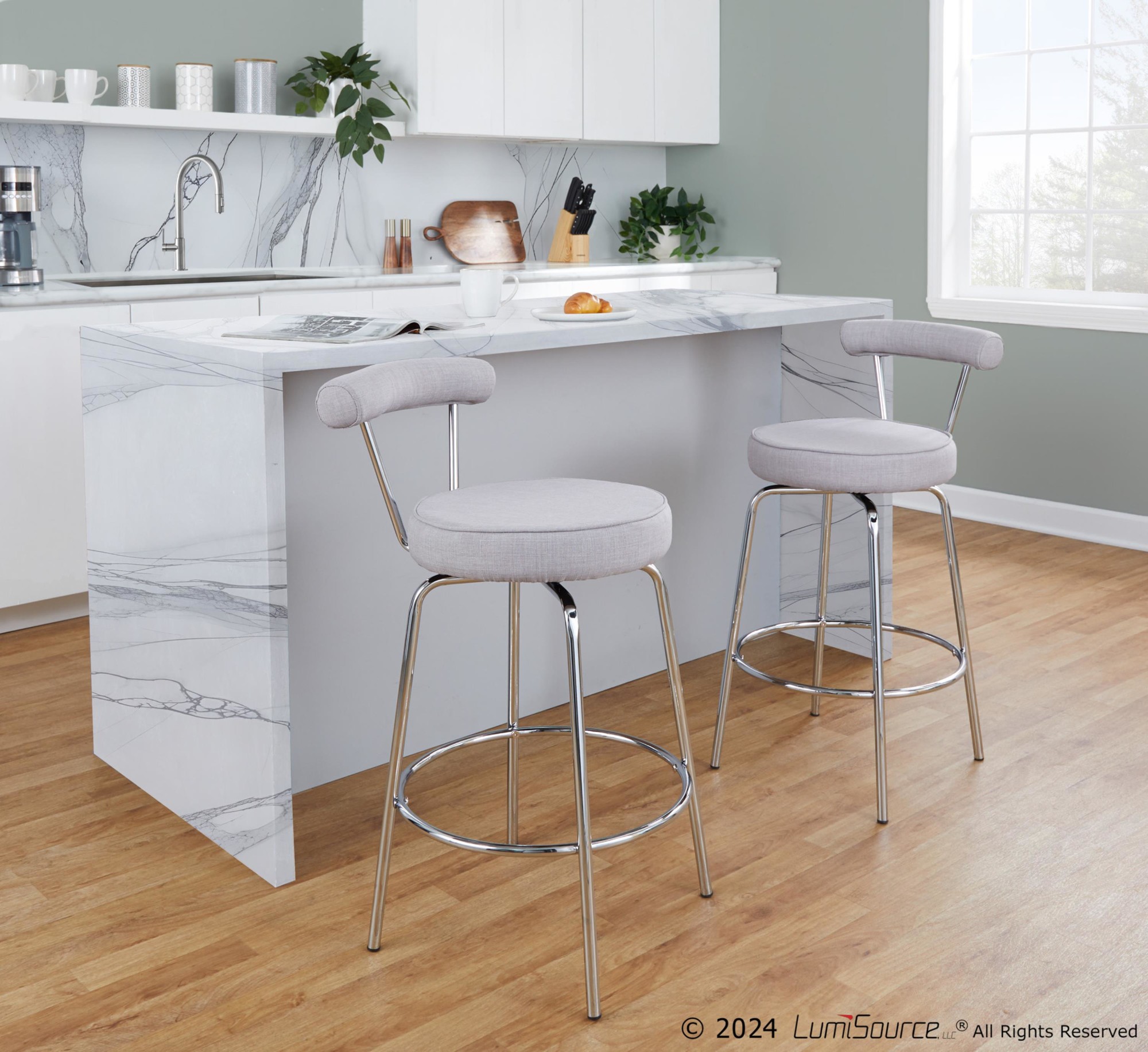 Rhonda Chrome and Light Grey Art Deco Counter Stools (Set of 2) 5 Rhonda Chrome and Light Grey Art Deco Counter Stools (Set of 2) - Image 5