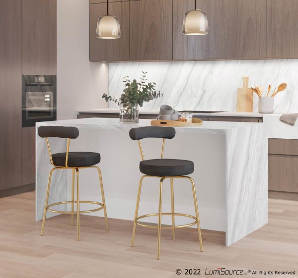 Rhonda Gold Metal Black Velvet Art Deco Counter Stools Set of 2 1