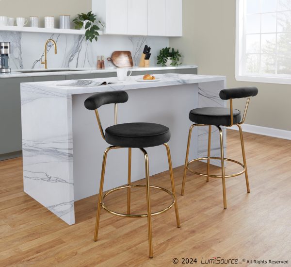 Rhonda Gold Metal Black Velvet Art Deco Counter Stools Set of 2 2