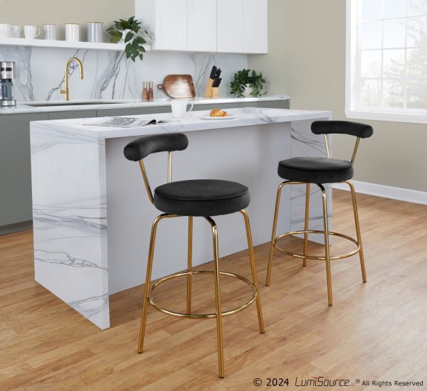 Rhonda Gold Metal Black Velvet Art Deco Counter Stools Set of 2 3