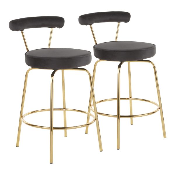 Rhonda Gold Metal Black Velvet Art Deco Counter Stools Set of 2 4