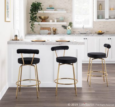 Rhonda Gold Metal Black Velvet Art Deco Counter Stools (Set of 2)