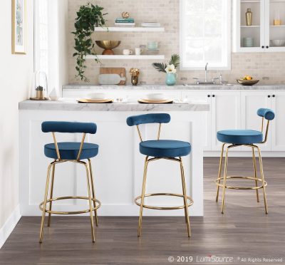 Rhonda Gold and Blue Velvet Art Deco Counter Stools (Set of 2)