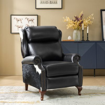Richard Black Genuine Leather Nailhead Trim Wingback Manual Recliner