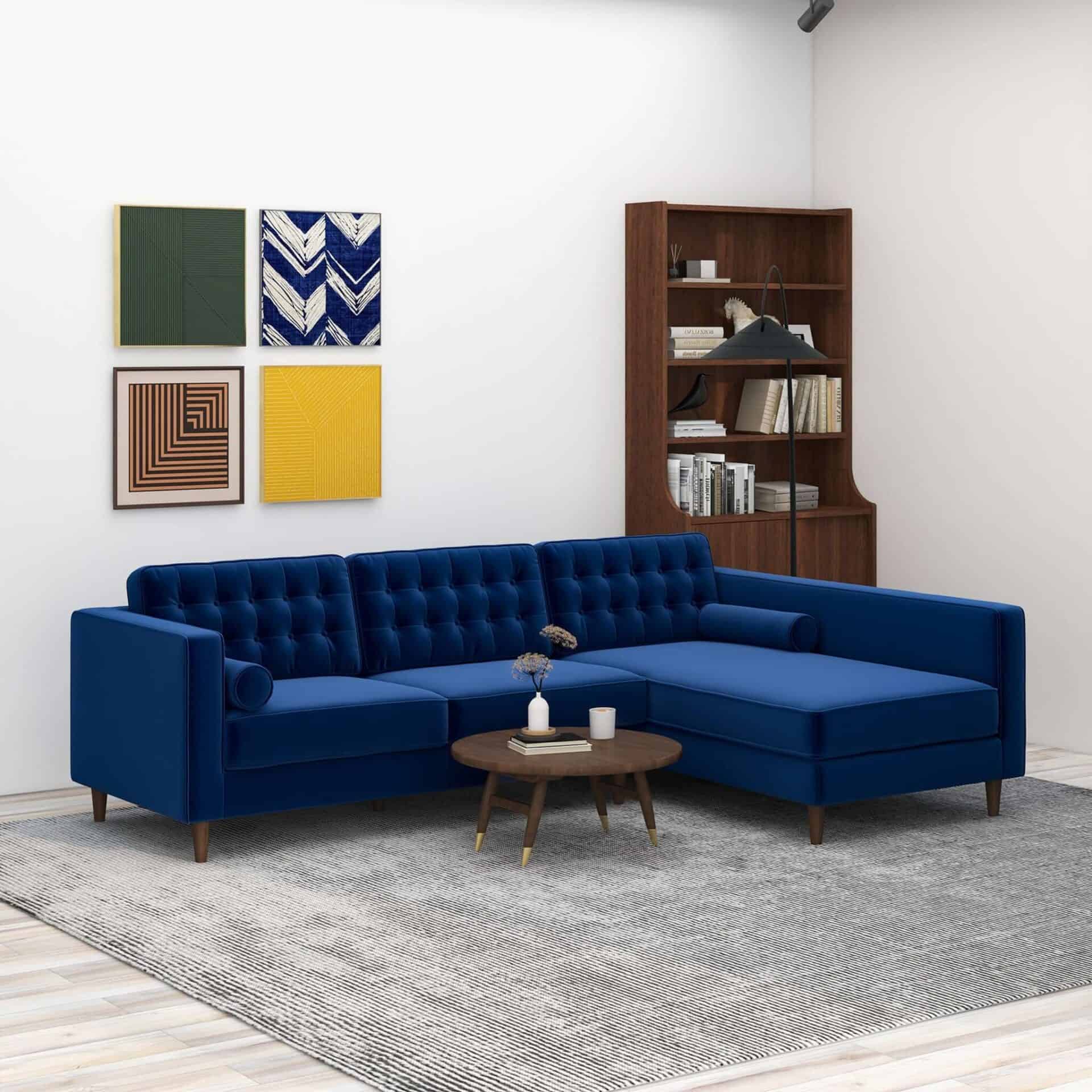 Blue Velvet Right-Facing Sectional Sofa with Removable Legs 1 Blue Velvet Right-Facing Sectional Sofa with Removable Legs