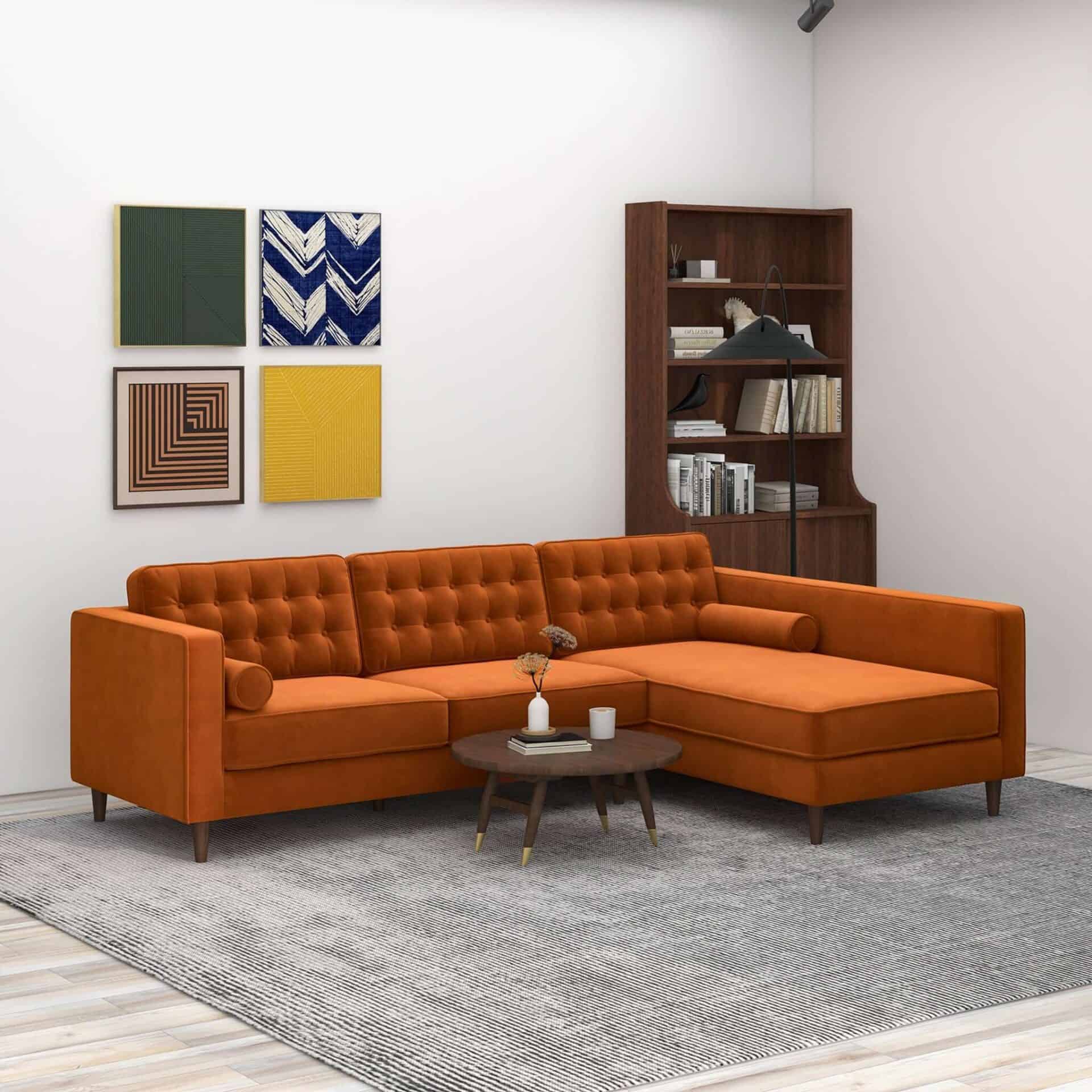 Orange Velvet Sectional Sofa Right Facing for Living Rooms 1 Orange Velvet Sectional Sofa Right Facing for Living Rooms