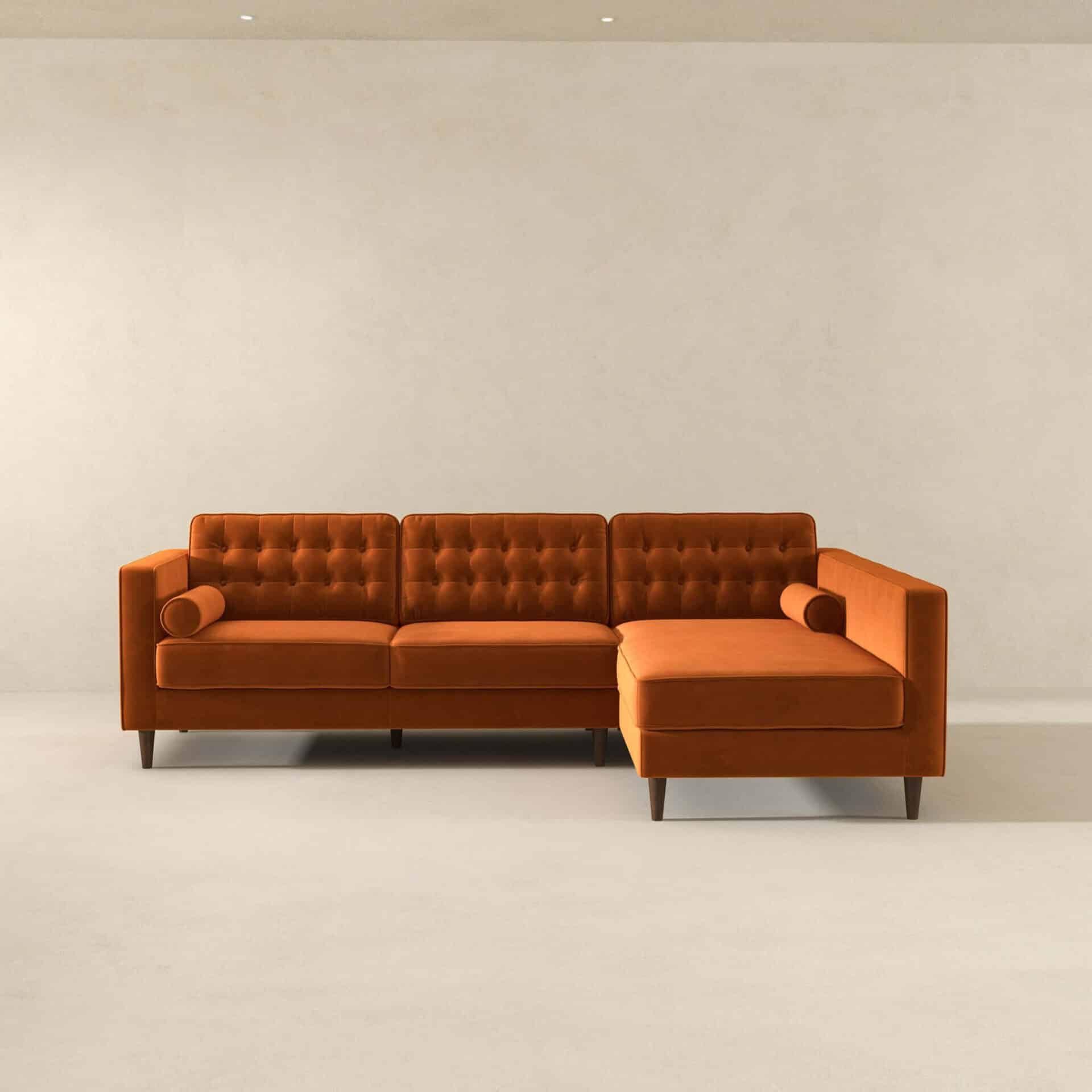Orange Velvet Sectional Sofa Right Facing for Living Rooms 2 Orange Velvet Sectional Sofa Right Facing for Living Rooms - Image 2