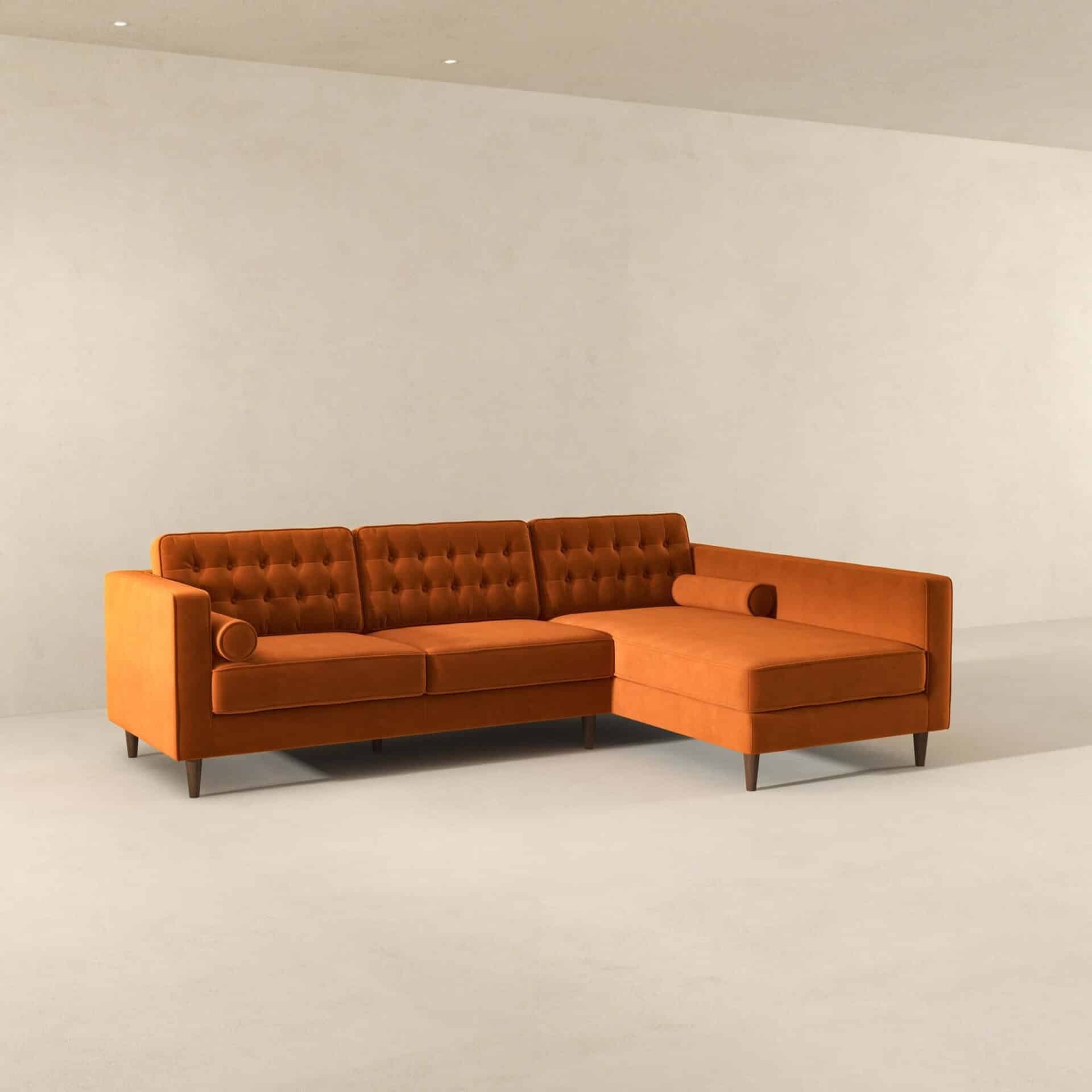 Orange Velvet Sectional Sofa Right Facing for Living Rooms 3 Orange Velvet Sectional Sofa Right Facing for Living Rooms - Image 3