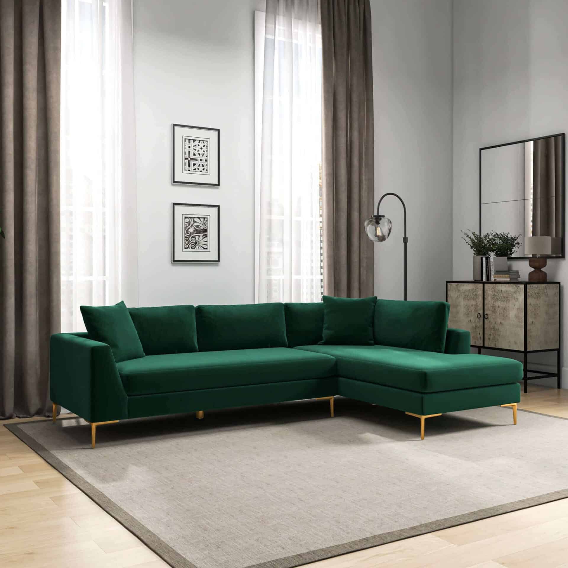 Green Velvet L-Shaped Sectional Sofa Right Facing Mid-Century Style 4 Green Velvet L-Shaped Sectional Sofa Right Facing Mid-Century Style - Image 4
