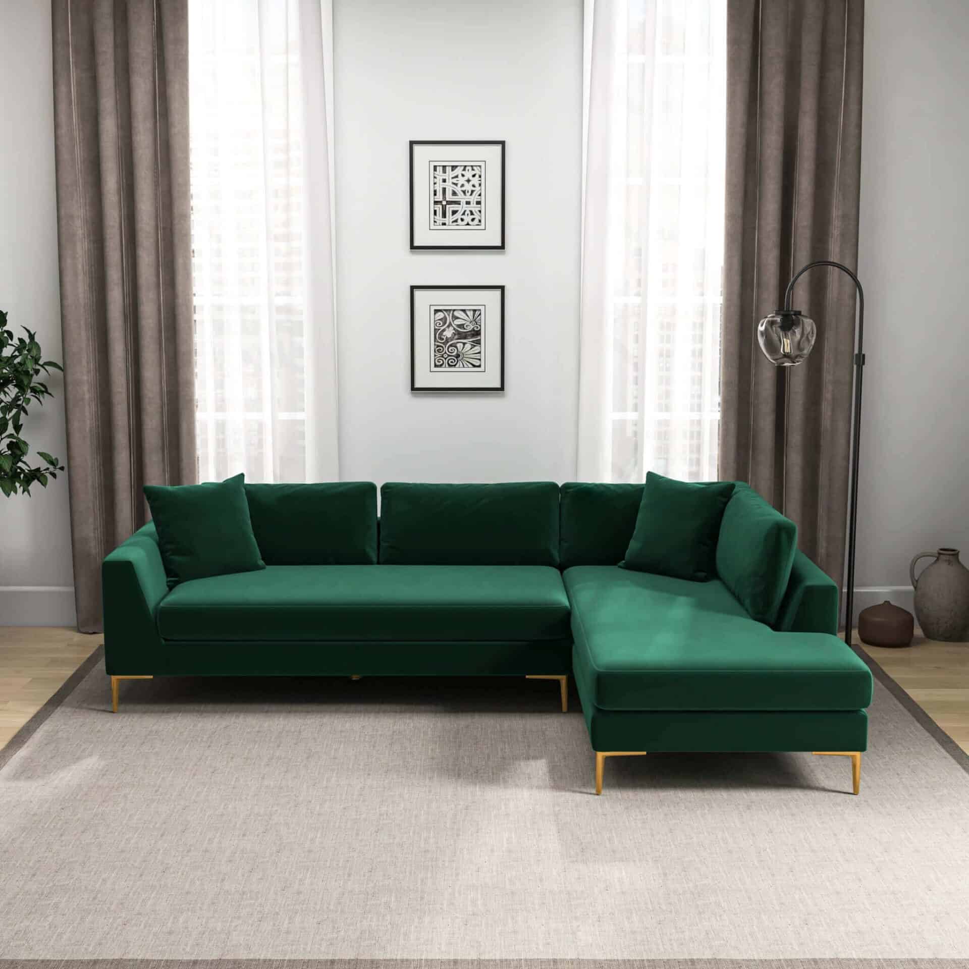 Green Velvet L-Shaped Sectional Sofa Right Facing Mid-Century Style 1 Green Velvet L-Shaped Sectional Sofa Right Facing Mid-Century Style