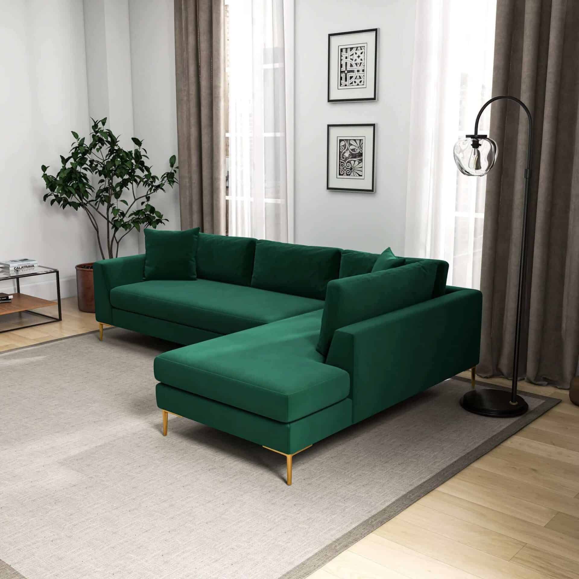 Green Velvet L-Shaped Sectional Sofa Right Facing Mid-Century Style 2 Green Velvet L-Shaped Sectional Sofa Right Facing Mid-Century Style - Image 2