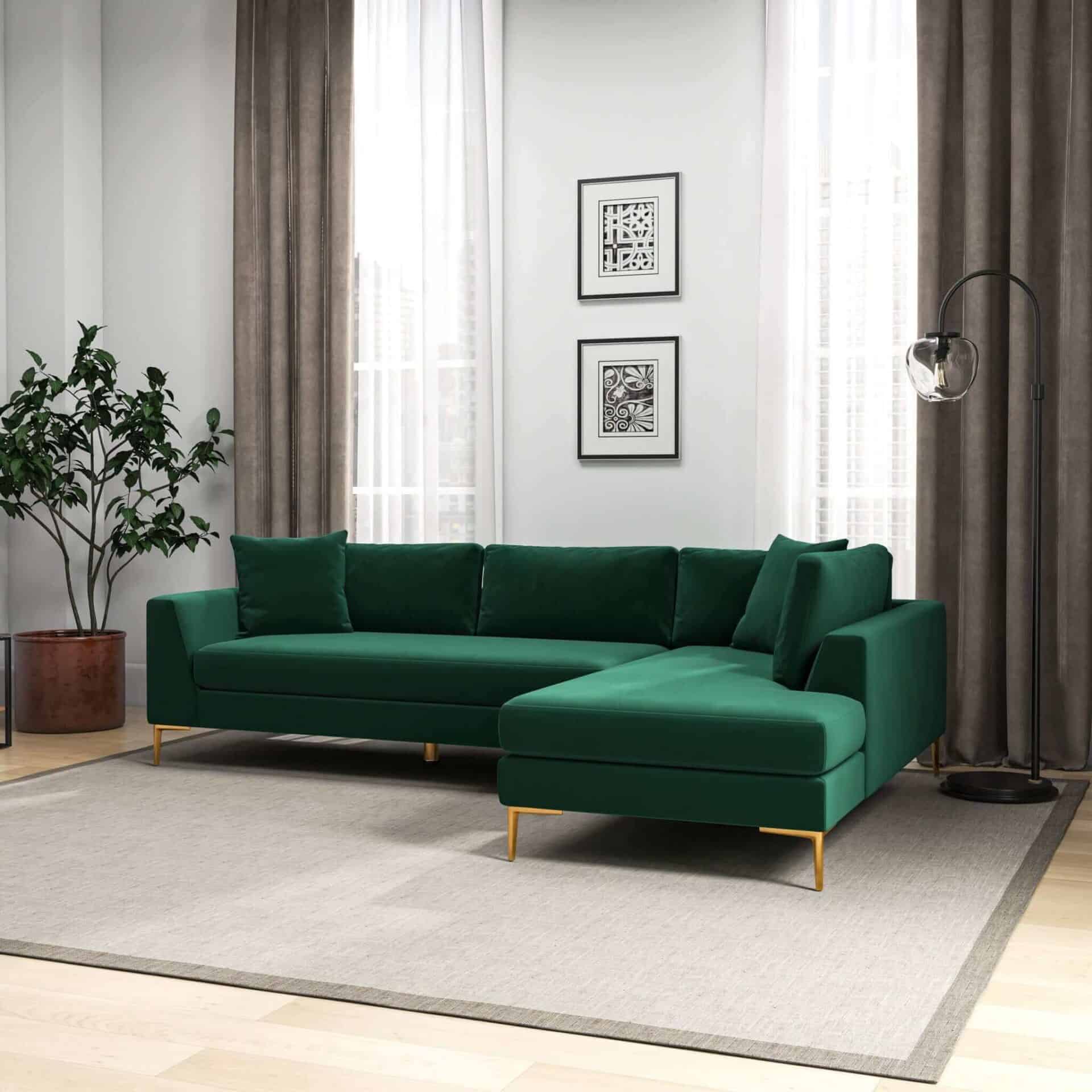 Green Velvet L-Shaped Sectional Sofa Right Facing Mid-Century Style 3 Green Velvet L-Shaped Sectional Sofa Right Facing Mid-Century Style - Image 3