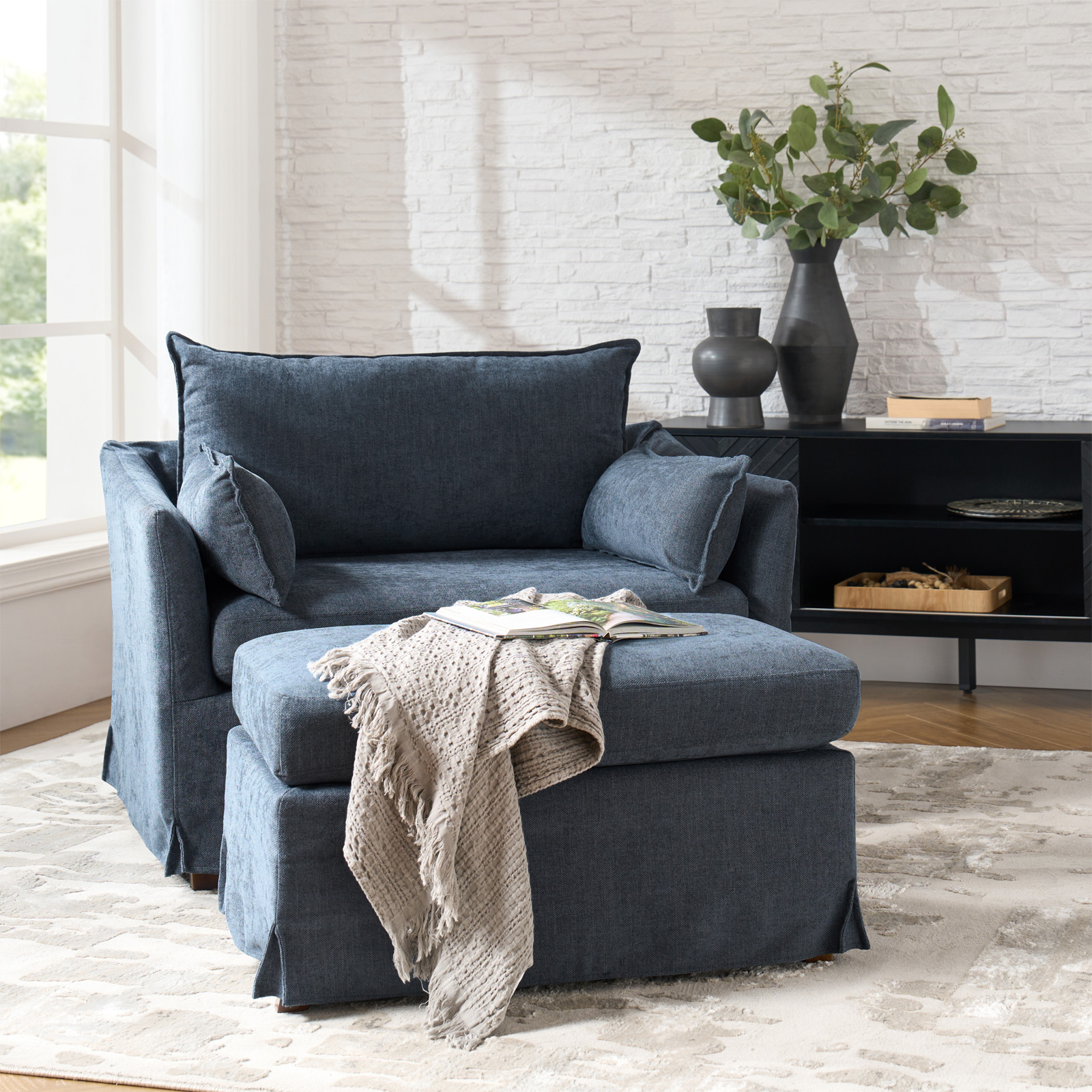 Roberta Blue Slipcovered Farmhouse Armchair with Ottoman 2 Roberta Blue Slipcovered Farmhouse Armchair with Ottoman - Image 2