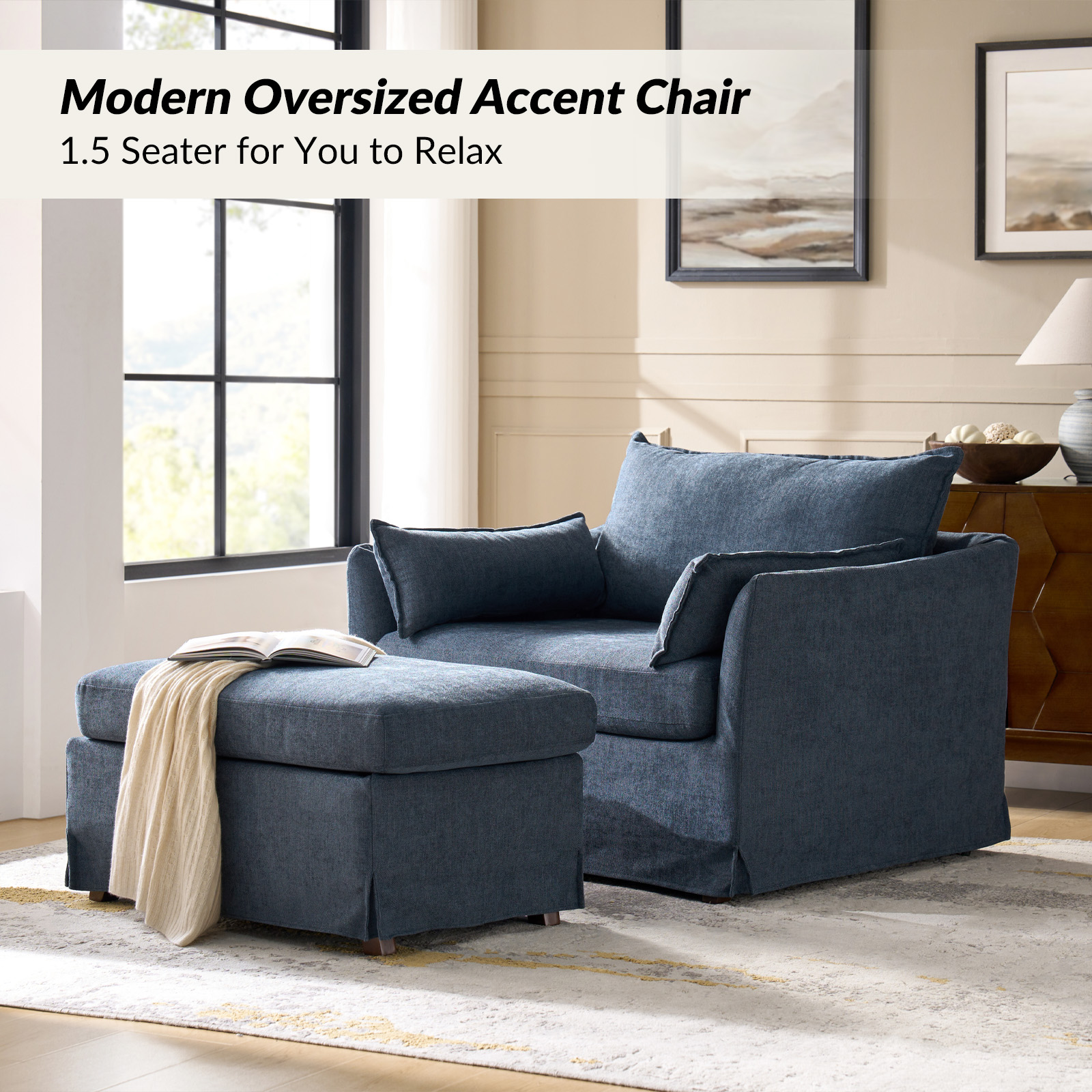 Roberta Blue Slipcovered Farmhouse Armchair with Ottoman 3 Roberta Blue Slipcovered Farmhouse Armchair with Ottoman - Image 3