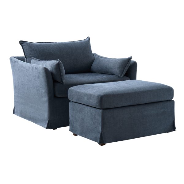 Roberta Blue Slipcovered Farmhouse Armchair with Ottoman