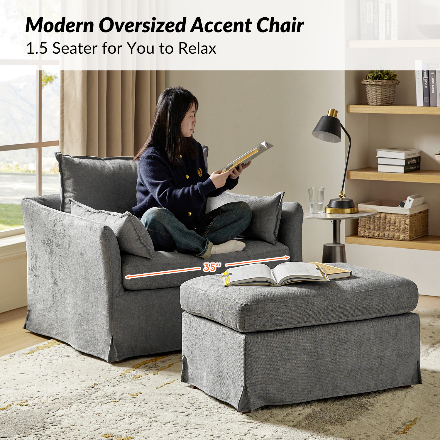 Roberta Grey Farmhouse Slipcover Armchair with Ottoman 3 Roberta Grey Farmhouse Slipcover Armchair with Ottoman - Image 3