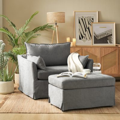 Roberta Grey Farmhouse Slipcover Armchair with Ottoman