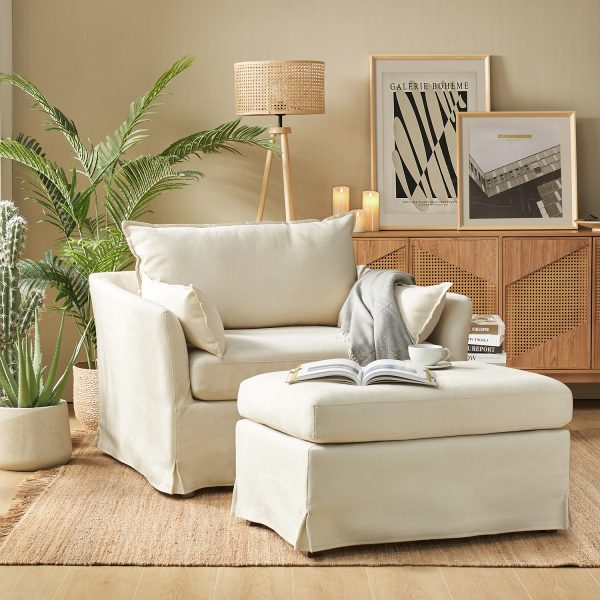 Roberta Ivory Slipcovered Farmhouse Chair with Ottoman