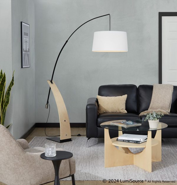 Robyn Mid Century Modern Arched Floor Lamp Natural Wood Linen Shade