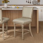 Rodolphe Natural Linen Farmhouse Swivel Nailhead Barstool