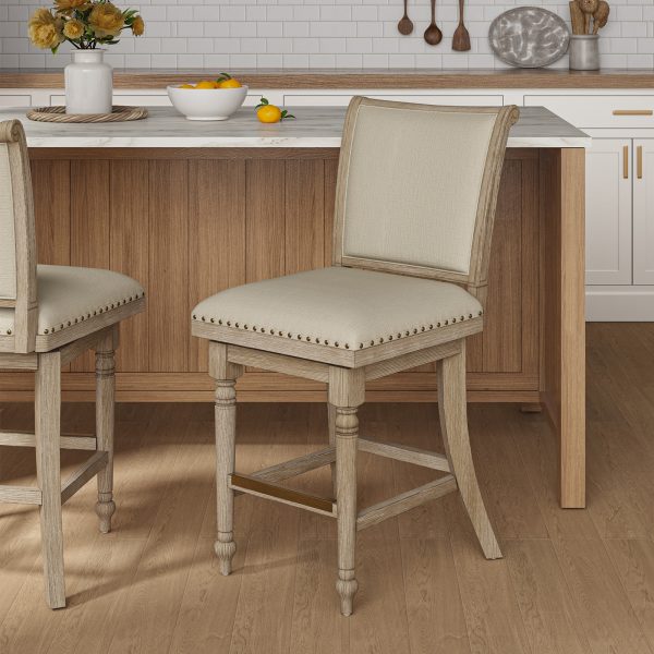 Rodolphe Natural Linen Farmhouse Swivel Nailhead Barstool 1