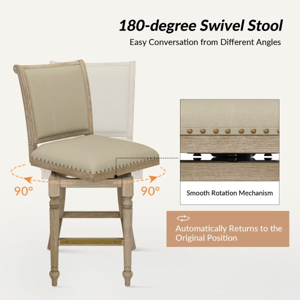 Rodolphe Natural Linen Farmhouse Swivel Nailhead Barstool 2