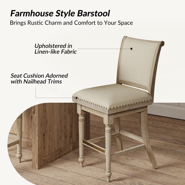 Rodolphe Natural Linen Farmhouse Swivel Nailhead Barstool 3