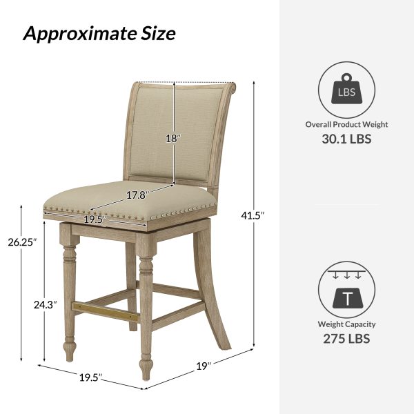 Rodolphe Natural Linen Farmhouse Swivel Nailhead Barstool 4