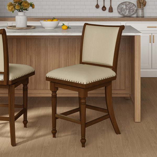 Rodolphe Walnut Linen Farmhouse Swivel Nailhead Trim Barstool 1