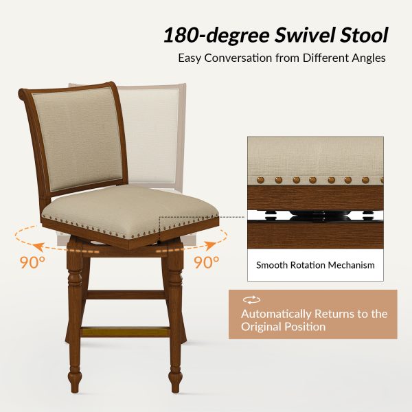Rodolphe Walnut Linen Farmhouse Swivel Nailhead Trim Barstool 2