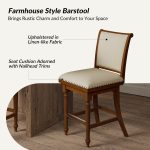 Rodolphe Walnut Linen Farmhouse Swivel Nailhead Trim Barstool