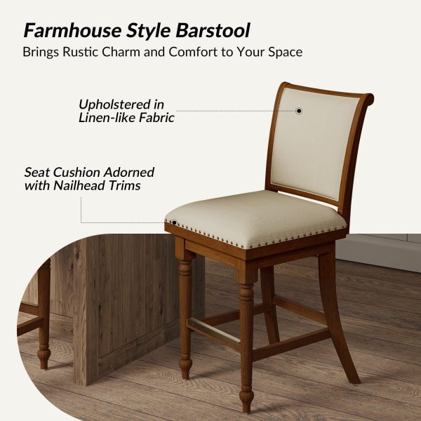 Rodolphe Walnut Linen Farmhouse Swivel Nailhead Trim Barstool 3