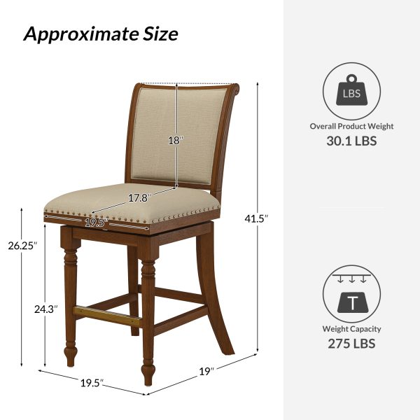 Rodolphe Walnut Linen Farmhouse Swivel Nailhead Trim Barstool 4