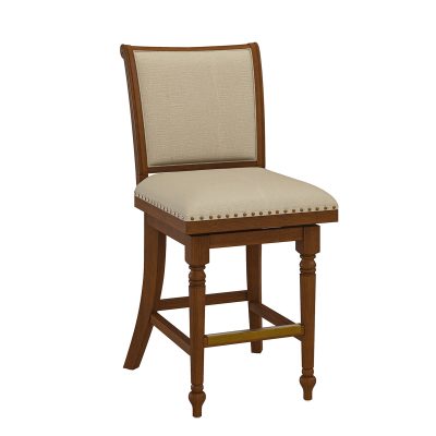 Rodolphe Walnut Linen Farmhouse Swivel Nailhead Trim Barstool