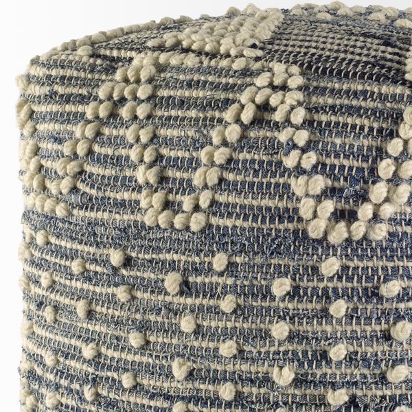 Rofi Blue Denim and Cream Cotton Stitched Square Pouf 3