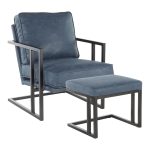 Roman Industrial Black Metal and Blue Lounge Chair with Ottoman