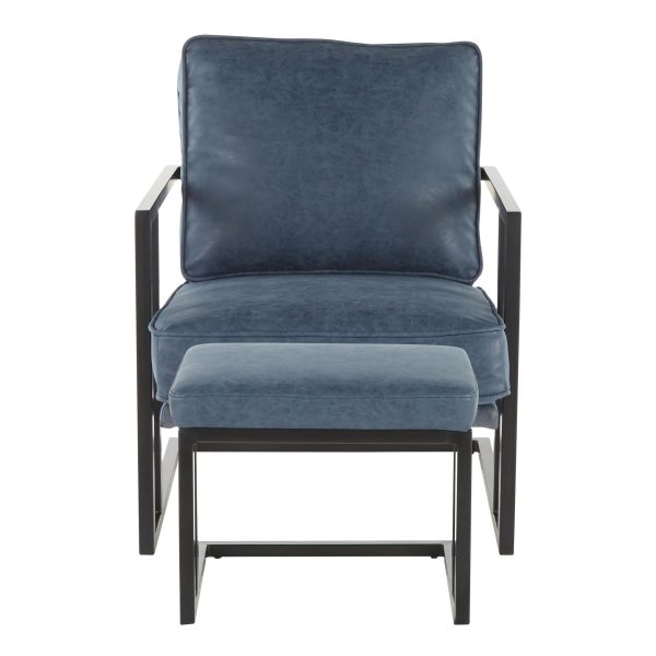 Roman Industrial Black Metal and Blue Lounge Chair with Ottoman 5