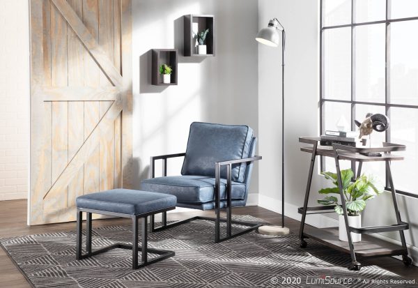 Roman Industrial Black Metal and Blue Lounge Chair with Ottoman