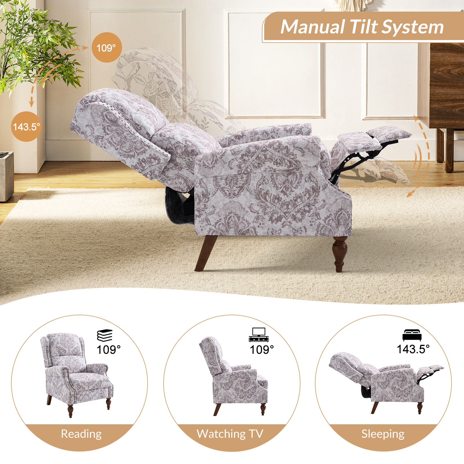 Rosalie Beige Chenille Wingback Nailhead Trim Manual Recliner 3 Rosalie Beige Chenille Wingback Nailhead Trim Manual Recliner - Image 3