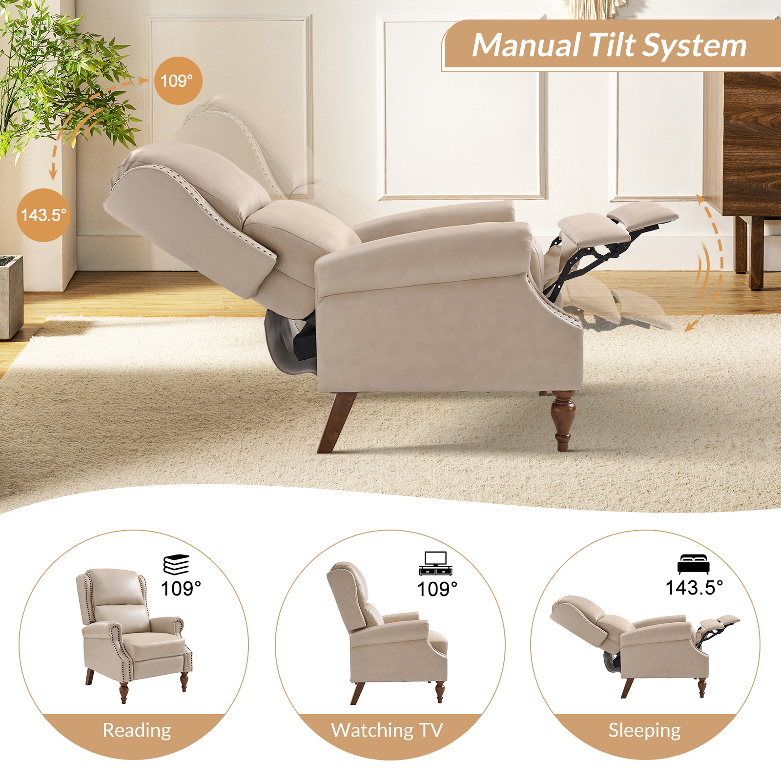 Rosalie Beige Vegan Leather Nailhead Trim Roll Arm Recliner 3 Rosalie Beige Vegan Leather Nailhead Trim Roll Arm Recliner - Image 3