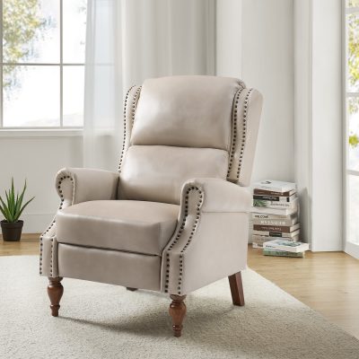 Rosalie Beige Vegan Leather Nailhead Trim Roll Arm Recliner