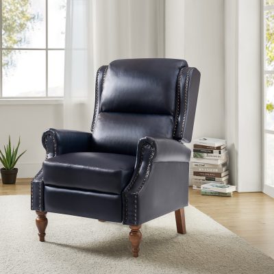 Rosalie Navy Vegan Leather Wingback Roll Arm Nailhead Recliner