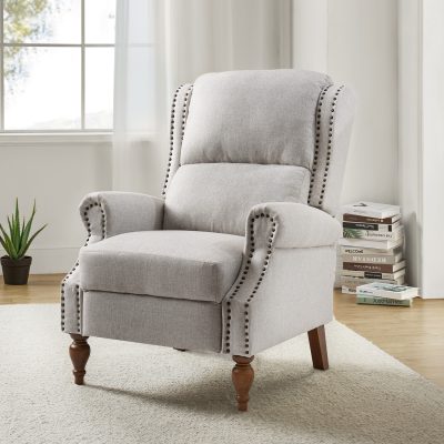 Rosalie Oatmeal Faux Linen Nailhead Trim Wingback Manual Recliner