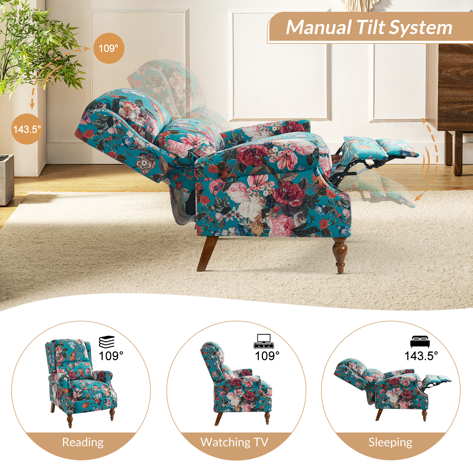 Rosalie Peacock Wingback Manual Recliner Nailhead Trim Accent Chair 3 Rosalie Peacock Wingback Manual Recliner Nailhead Trim Accent Chair - Image 3