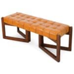 Tan Leather Mid-Century Modern Bench with Solid Wood Frame 8 Tan Leather Mid-Century Modern Bench with Solid Wood Frame