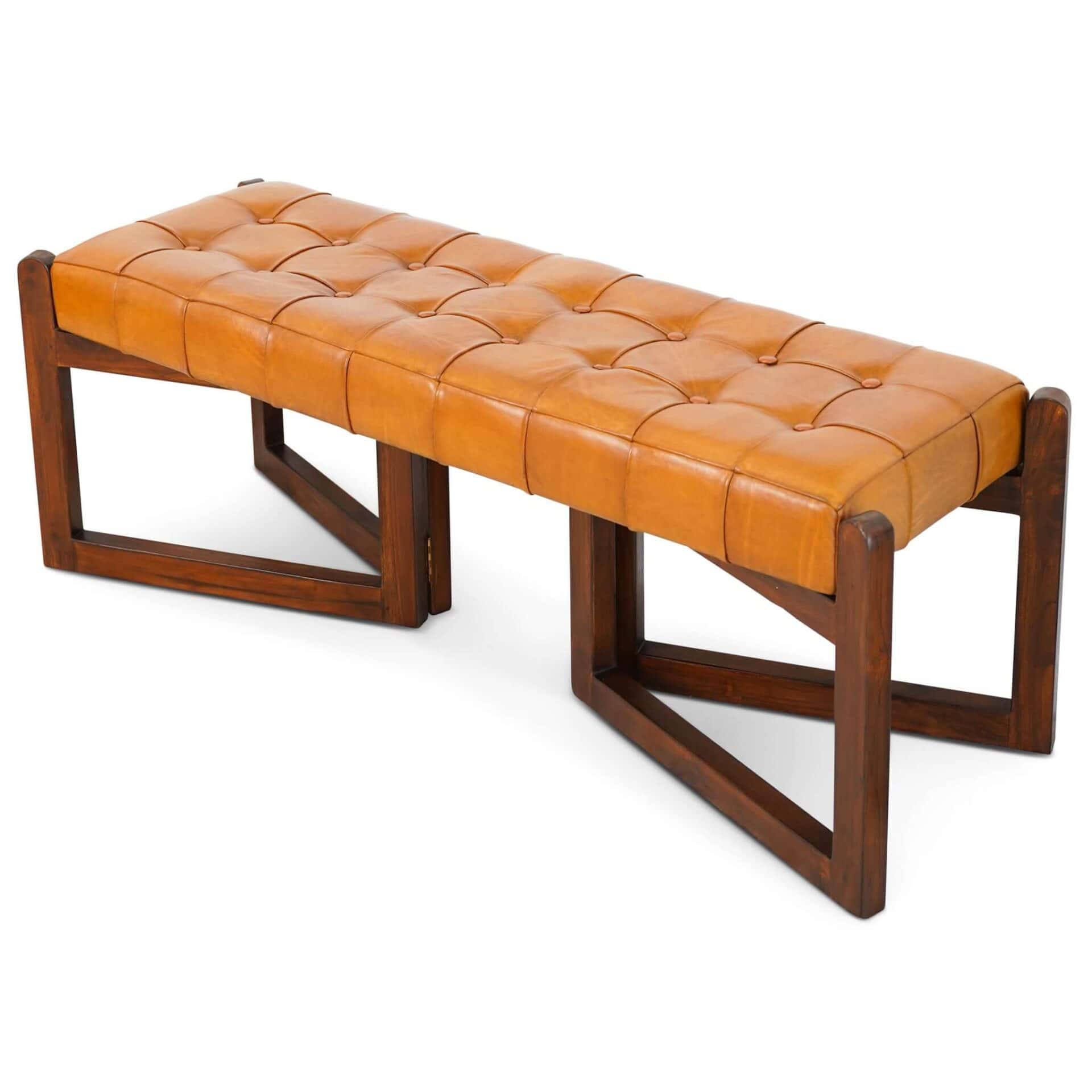 Tan Leather Mid-Century Modern Bench with Solid Wood Frame 1 Tan Leather Mid-Century Modern Bench with Solid Wood Frame