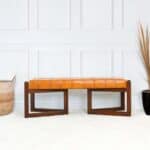 Tan Leather Mid-Century Modern Bench with Solid Wood Frame 14 Tan Leather Mid-Century Modern Bench with Solid Wood Frame