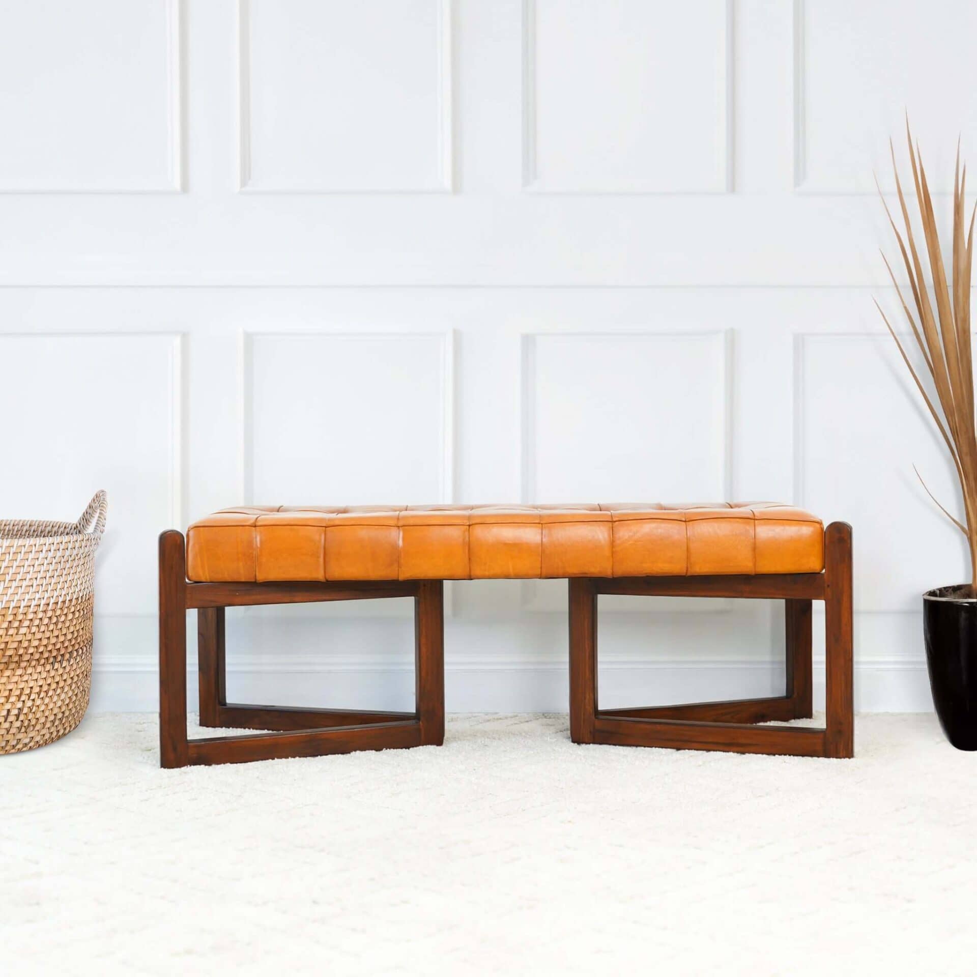 Tan Leather Mid-Century Modern Bench with Solid Wood Frame 7 Tan Leather Mid-Century Modern Bench with Solid Wood Frame - Image 7