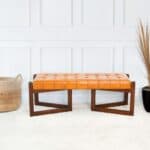 Tan Leather Mid-Century Modern Bench with Solid Wood Frame 13 Tan Leather Mid-Century Modern Bench with Solid Wood Frame