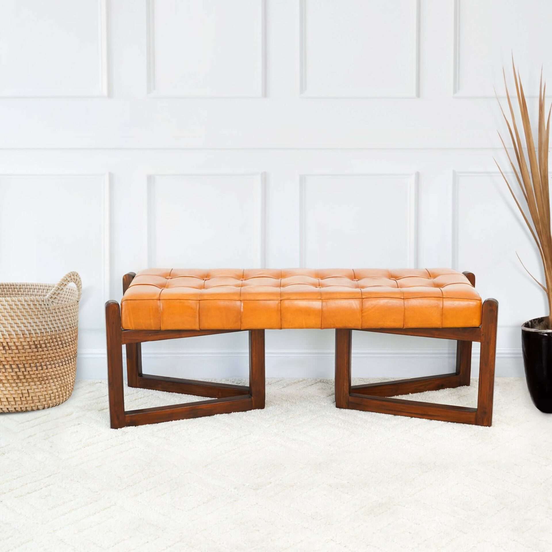 Tan Leather Mid-Century Modern Bench with Solid Wood Frame 6 Tan Leather Mid-Century Modern Bench with Solid Wood Frame - Image 6